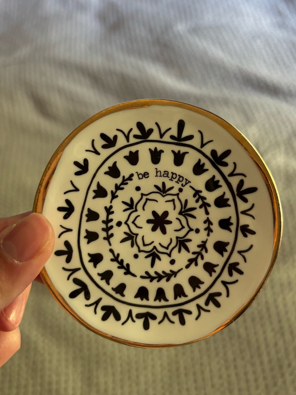 NATURAL LIFE White Ceramic Trinket Dish with Gold Rim and Black Mandala